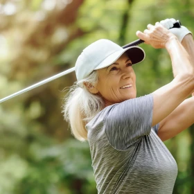 Frau schlägt mit ihrem Golfschläger ab