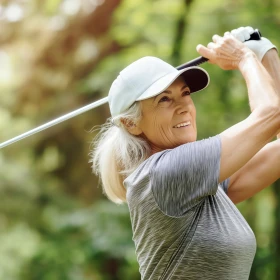 Frau schlägt mit ihrem Golfschläger ab