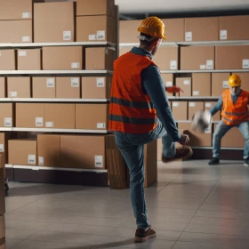 Zwei Bauarbeiter mit Warnweste und Helm spielen Fußball in einem Lager