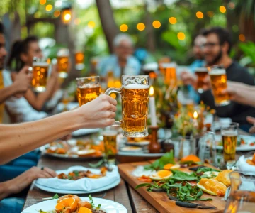 mehrere Personen sitzen gemeinsam an einem gedeckten Tisch und trinken Bier