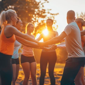Gruppe von Menschen in Sportsachen im Sonnenuntergang