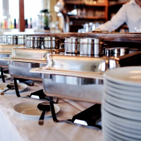 Buffet mit verschiedenen Chafings, geschlossen, Kellner im Hintergrund