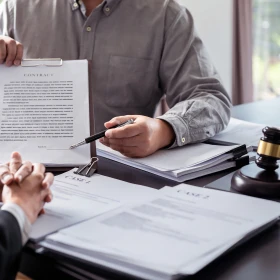 2 Personen tauschen sich über Arbeitsrecht aus, Dokument wird hochgehalten und etwas gezeigt