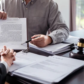 2 Personen tauschen sich über Arbeitsrecht aus, Dokument wird hochgehalten und etwas gezeigt