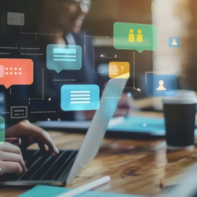 Computer auf einem Holztisch, verschiedene Symbole schweben über ihm