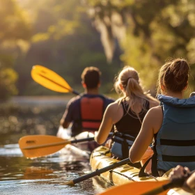 3 Personen im Kanu fahren einen Fluss hinunter, gelbe Kanus, blaue Schwimmweste, Gelbe Paddel