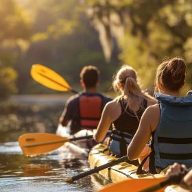 3 Personen im Kanu fahren einen Fluss hinunter, gelbe Kanus, blaue Schwimmweste, Gelbe Paddel