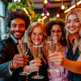 Gruppe unterschiedlicher Geschäftsleute, die im Büro mit Sekt anstoßen