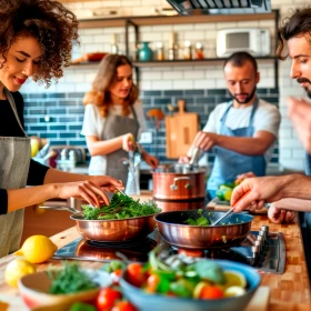 Freunde kochen gemeinsam in einer Küche mit buntem Gemüse