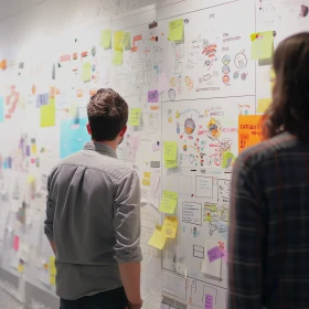 Personen stehen vor einer weißen Wand mit Klebezetteln