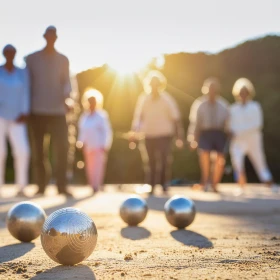 Gruppe spielt Boule im Sonnenuntergang
