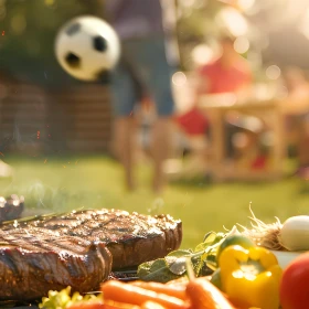 BBQ, Fleisch und Gemüse liegt auf dem Grill, im Hintergrund fliegt ein Fußball