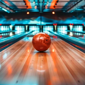 orangene Bowlingkugel rollt auf einer Bowlingbahn