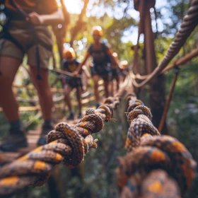 Gruppe läuft im Kletterwald hintereinander über ein Seil