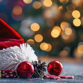 Weihnachtsmütze und rote Weihnachtskugeln auf einem Casinitisch, Weihnachtsbaum mit Beleuchtung im Hintergrund