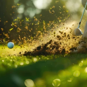 Golfball wird aus dem Schlamm heraus gespielt, Dreck fliegt durch die Luft, grüner Rasen