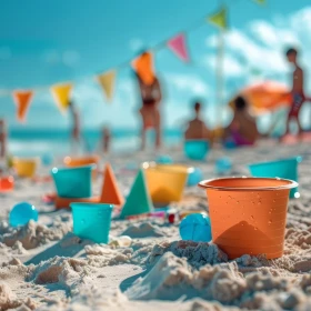 Eimerchen im Sand mit Wimpelkette