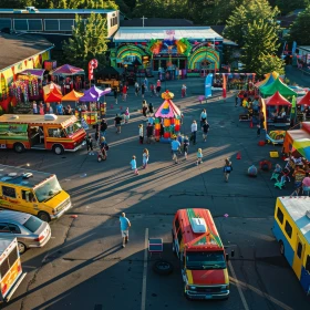Lebhaftes Event mit bunten Dekorationen, Food Trucks und Aktivitäten für die ganze Familie