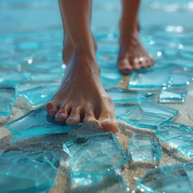 Laufen über Glasscherben mit nackten Füßen