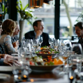Menschen an einer Tafel unterhalten sich
