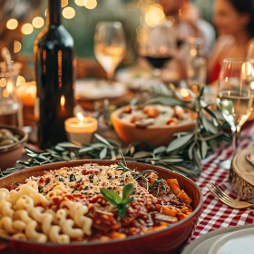 italienische Pasta, Rotwein und Kerzen auf einem Tisch, Sommerfest