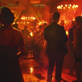 Partylocation, rötliches Licht, Personen tragen Kleidung im Style der 20er Jahre