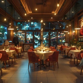 Gastronomie mit runden Tischen, gedimmtes Licht