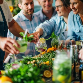 Freunde mischen Cocktails bei einem Workshop, frische Kräuter und Früchte auf dem Tisch