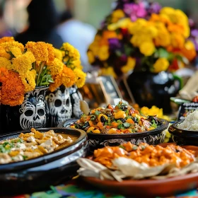 mexikanisches Essen auf einem Tisch, Fest der Toten