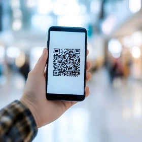 Person hält ein Handy mit einem QR-Code in der Hand