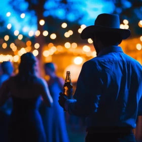 Mann mit Bier genießt die Atmosphäre einer Party im Freien, Cowboy
