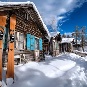 Riesenski vor einer Holzhütte