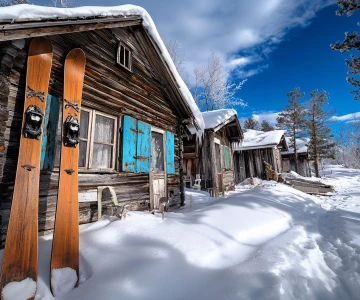 Riesenski vor einer Holzhütte