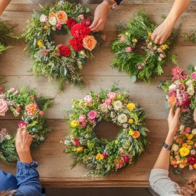 Floristenteam beim Arrangieren von Blumenkränzen auf einem Tisch