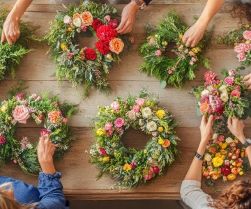 Floristenteam beim Arrangieren von Blumenkränzen auf einem Tisch