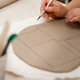 Person schneidetsich den Ton mit einem Kattermesser