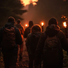 Menschengruppe macht eine Fackelwanderung