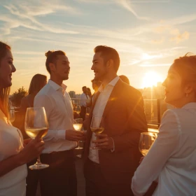 Personen stehen gemein auf der Terrasse und unterhalten sich