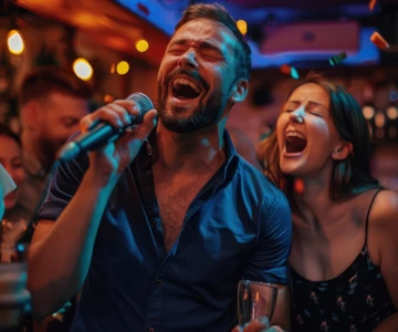 zwei Personen singen zusammen in ein Mikrofon