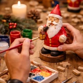 Detailaufnahme eines handbemalten Räuchermännchens beim kreativen Teamevent, während Teilnehmer mit Pinsel und Farben ihr individuelles Weihnachtsgeschenk gestalten. Dieses Bild zeigt die entspannte Atmosphäre eines Firmen-Workshops zum Räuchermännchen bauen und unterstreicht Kreativität sowie Teamgeist.