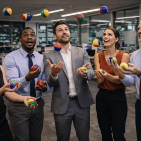 Business-Workshop zum Thema Jonglieren als kreatives Teambuilding für Firmenevents in moderner Büroatmosphäre. Kollegen verbessern spielerisch ihre Koordination, Kommunikation und Teamfähigkeit bei einem interaktiven Indoor-Teamevent.