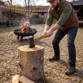 Ein rustikales Mittelalter-Setting mit Feuerstelle und Holzstamm zeigt eine Szene des Holzspaltens mit Axt. Die warme Lichtstimmung und das Feuer im Hintergrund sorgen für eine authentische, handwerkliche Atmosphäre. Dieses Motiv vermittelt urige Ritterzeit-Aktivitäten und passt ideal zu historischen Event-Erlebnissen.