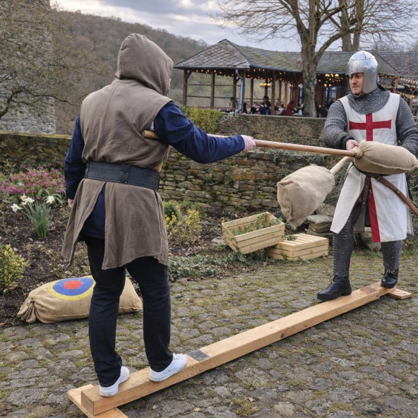Zwei Personen treten beim mittelalterlichen Lanzenstechen auf einem Balancierbalken gegeneinander an. Die Szene zeigt Spannung, Bewegung und mittelalterlichen Wettkampfcharakter.