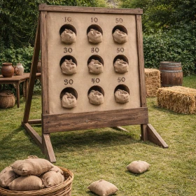 Ein mittelalterliches Wurfspiel mit Zielwand und Sandsäcken lädt Besucher zum Mitmachen ein. Die rustikale Gestaltung mit Holz, Heuballen und Burgkulisse schafft eine authentische Erlebniswelt. Dieses Bild steht für einfache, aber unterhaltsame Spiele im historischen Kontext.