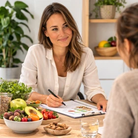 Frau berät eine Person, in einem persönlichen Gespräch zum Thema: gesunde Ernährung
