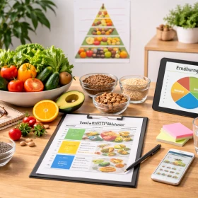 Tisch mit allen wichtigen Unterlagen für eine Ernährungsberatung