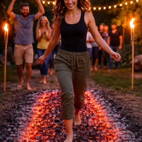 Frau läuft über glühende Kohle