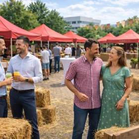 Personen unterhalten sich auf einem schön dekorierten Firmengelände