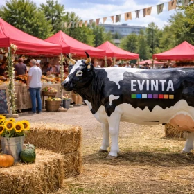 Kuh steht auf einem Firmen-Bauernmarkt