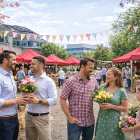 Personen unterhalten sich auf einem Firmen-Frühlingsmarkt